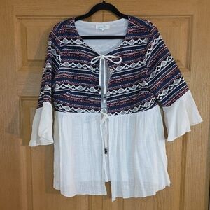 Women's Bohemian Lace Trim Top - White‎ and Blue Sz Med
